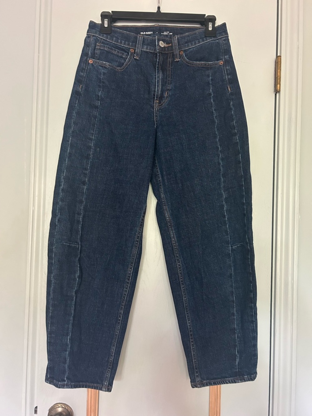 Dark wash barrel jeans